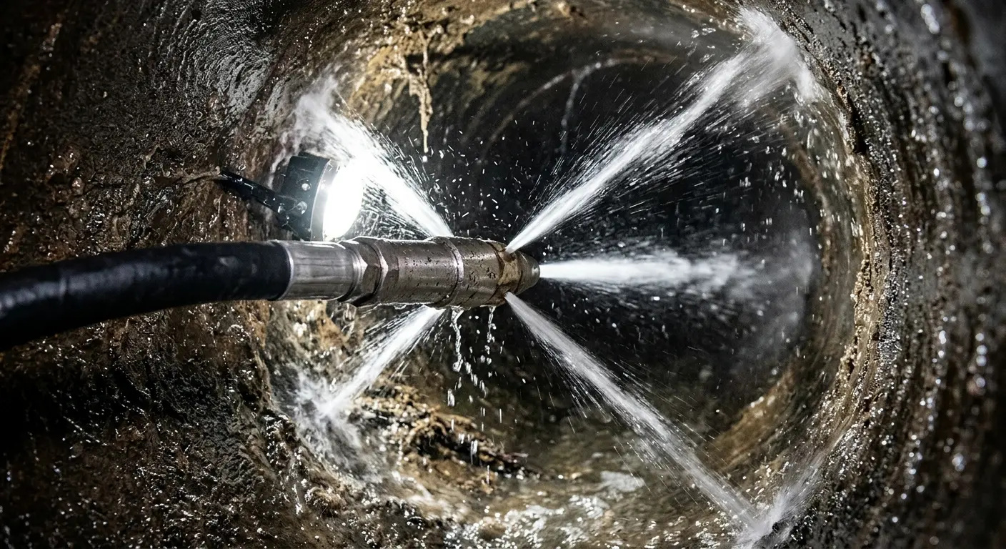 High-pressure hydro jetting nozzle cleaning sewer pipe for Sewer Cleanout in East Buffalo