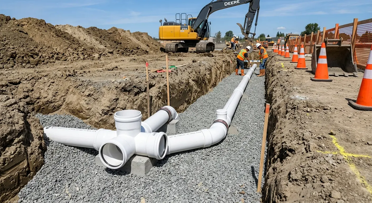 New PVC sewer pipe installation in open trench for Grease Trap Cleaning in East Buffalo