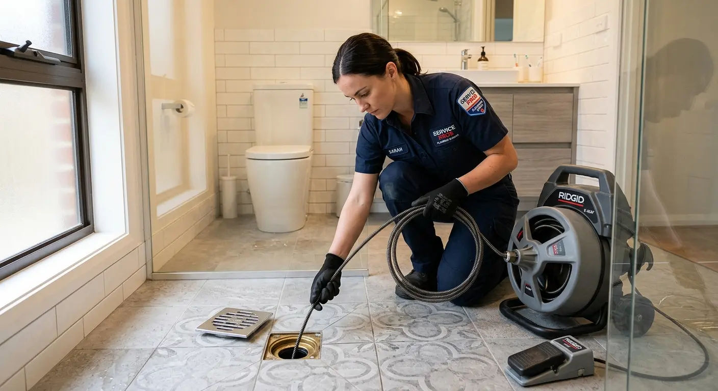 Technician clearing a bathroom floor drain for Sewer Line Installation in East Buffalo